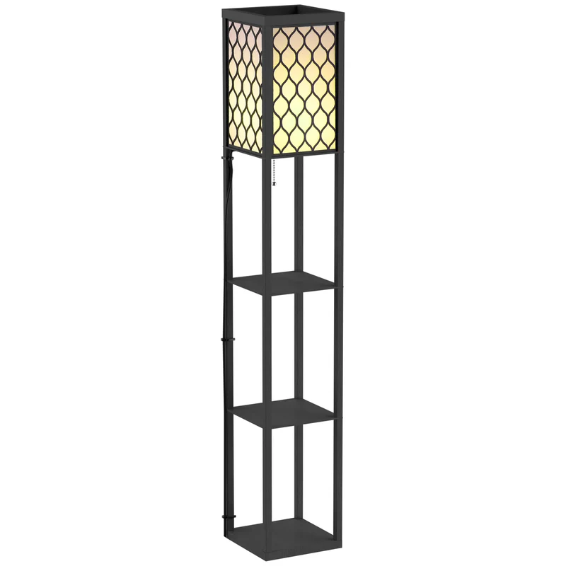 Lampadaire étagère salon 26 x 26 x 160 cm éclairage 3 étagères abat-jour nid d'abeille moderne minimaliste en MDF noir 21_0001743