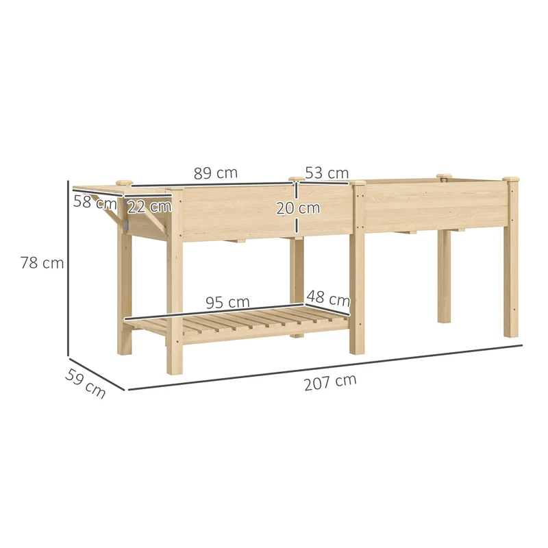 Jardinière sur pieds carré potager 207 x 59 x 78 cm 2 bacs drainés étagère pliable rustique contemporain en bois naturel 21_0005560