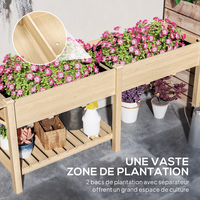 Jardinière sur pieds carré potager 207 x 59 x 78 cm 2 bacs drainés étagère pliable rustique contemporain en bois naturel 21_0005560