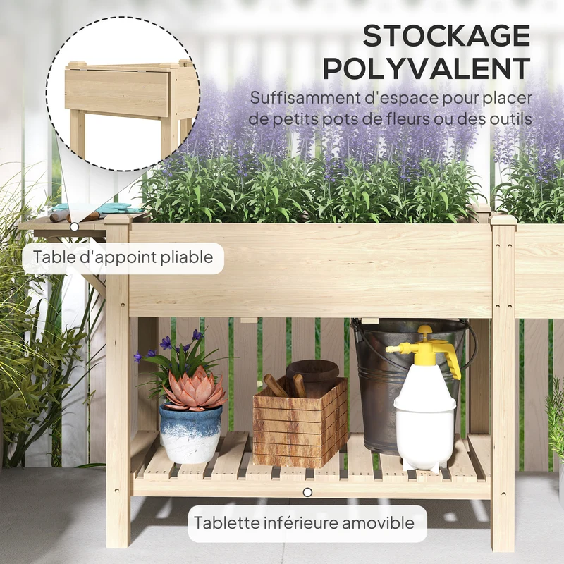 Jardinière sur pieds carré potager 207 x 59 x 78 cm 2 bacs drainés étagère pliable rustique contemporain en bois naturel 21_0005560