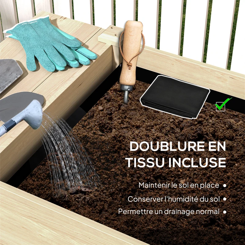 Jardinière sur pieds carré potager 207 x 59 x 78 cm 2 bacs drainés étagère pliable rustique contemporain en bois naturel 21_0005560