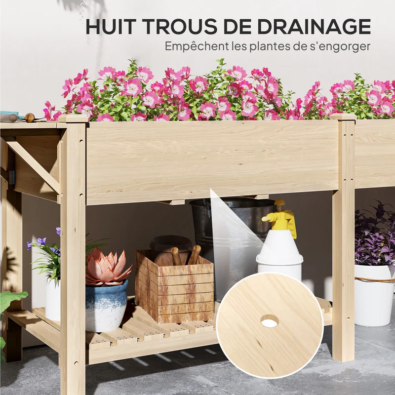 Jardinière sur pieds carré potager 207 x 59 x 78 cm 2 bacs drainés étagère pliable rustique contemporain en bois naturel 21_0005560