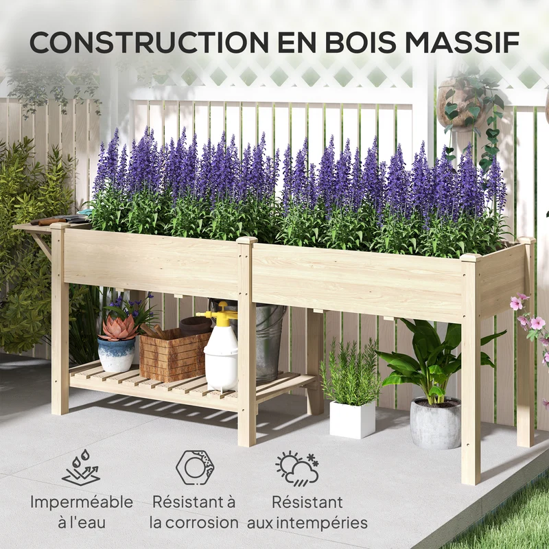 Jardinière sur pieds carré potager 207 x 59 x 78 cm 2 bacs drainés étagère pliable rustique contemporain en bois naturel 21_0005560