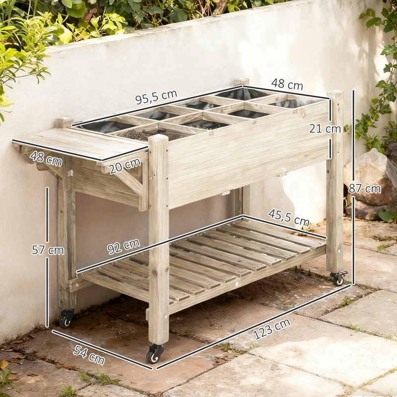 Jardinière sur pied potager 123 x 54 x 87 cm avec roulettes et tablette rabattable ambiance rustique en bois naturel 21_0004176