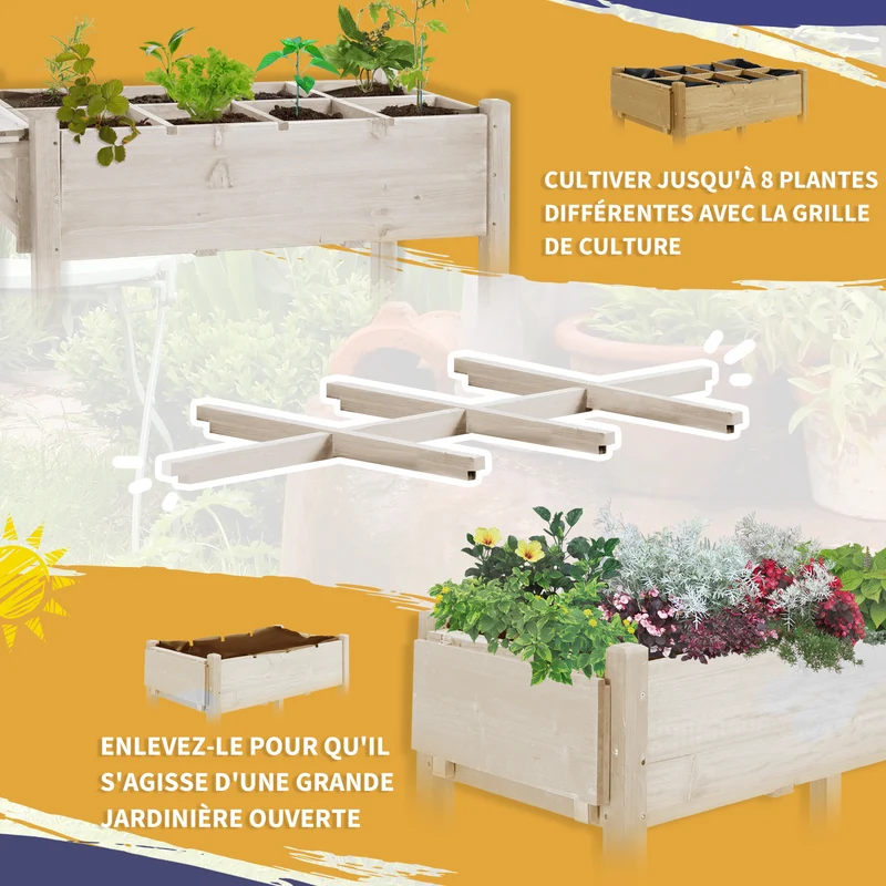 Jardinière sur pied potager 123 x 54 x 87 cm avec roulettes et tablette rabattable ambiance rustique en bois naturel 21_0004176