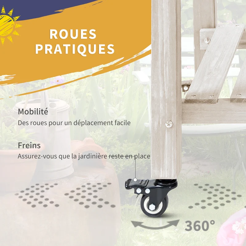 Jardinière sur pied potager 123 x 54 x 87 cm avec roulettes et tablette rabattable ambiance rustique en bois naturel 21_0004176