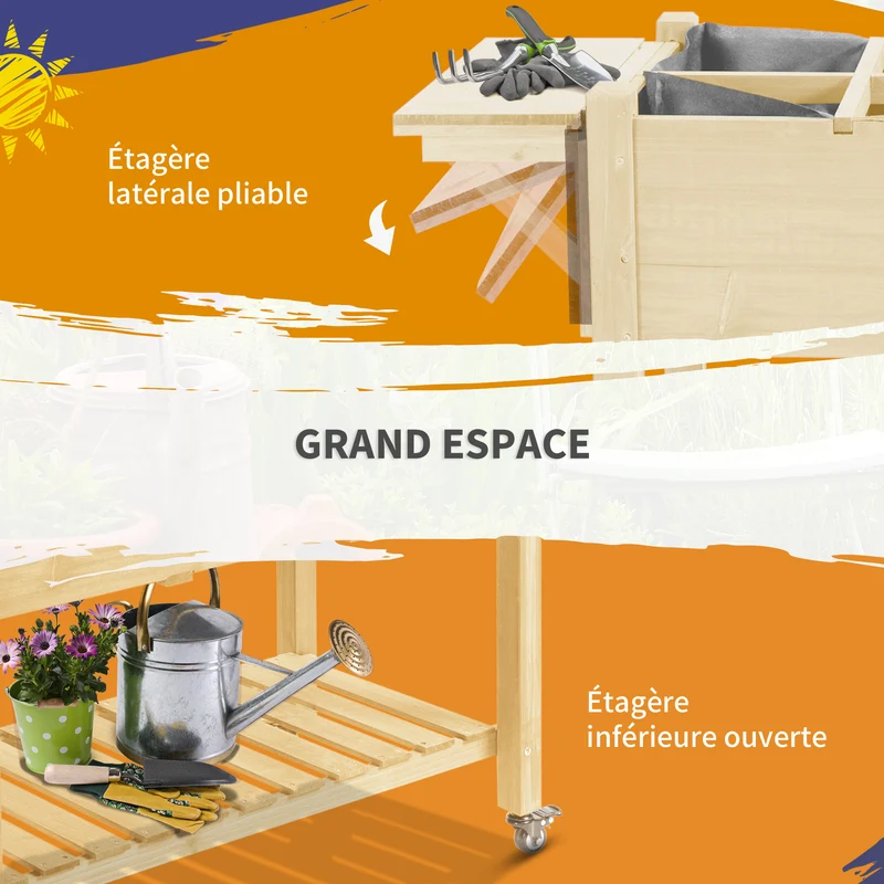 Jardinière sur pied potager 123 x 54 x 87 cm avec roulettes et tablette rabattable ambiance rustique en bois naturel 21_0004176