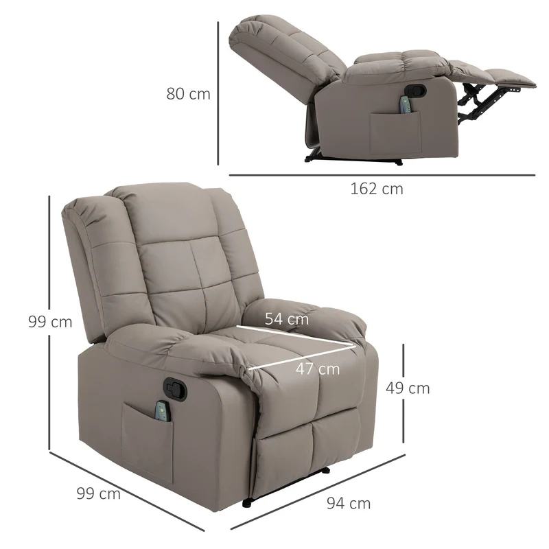 Fauteuil de massage inclinable 94 x 99 x 99 cm 8 points de massage assise mousse dense contemporain en simili cuir gris 21_0000820
