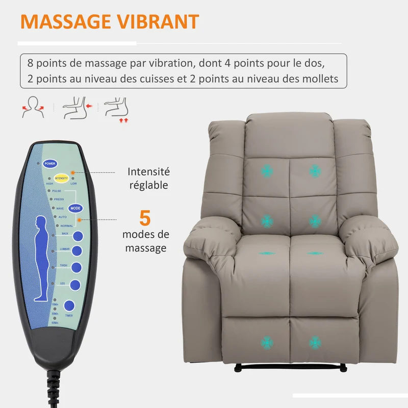 Fauteuil de massage inclinable 94 x 99 x 99 cm 8 points de massage assise mousse dense contemporain en simili cuir gris 21_0000820