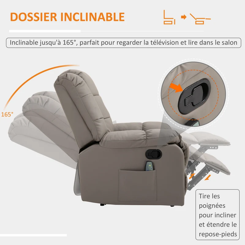 Fauteuil de massage inclinable 94 x 99 x 99 cm 8 points de massage assise mousse dense contemporain en simili cuir gris 21_0000820