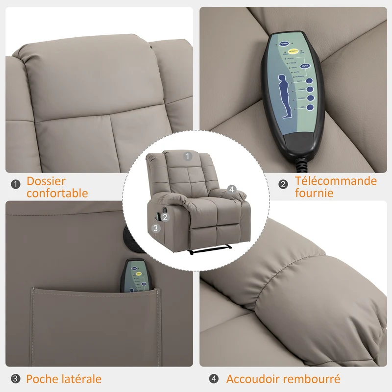 Fauteuil de massage inclinable 94 x 99 x 99 cm 8 points de massage assise mousse dense contemporain en simili cuir gris 21_0000820