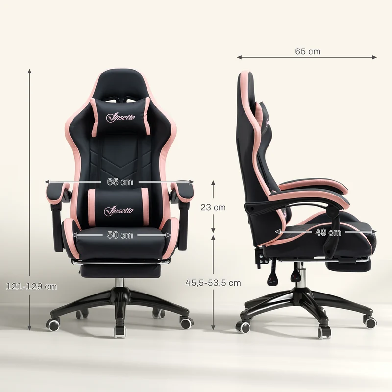 Fauteuil de jeu ergonomique 65 x 65 x 121-129 cm dossier inclinable 135° repose-pieds soutien lombaire design en PU rose 21_0006226