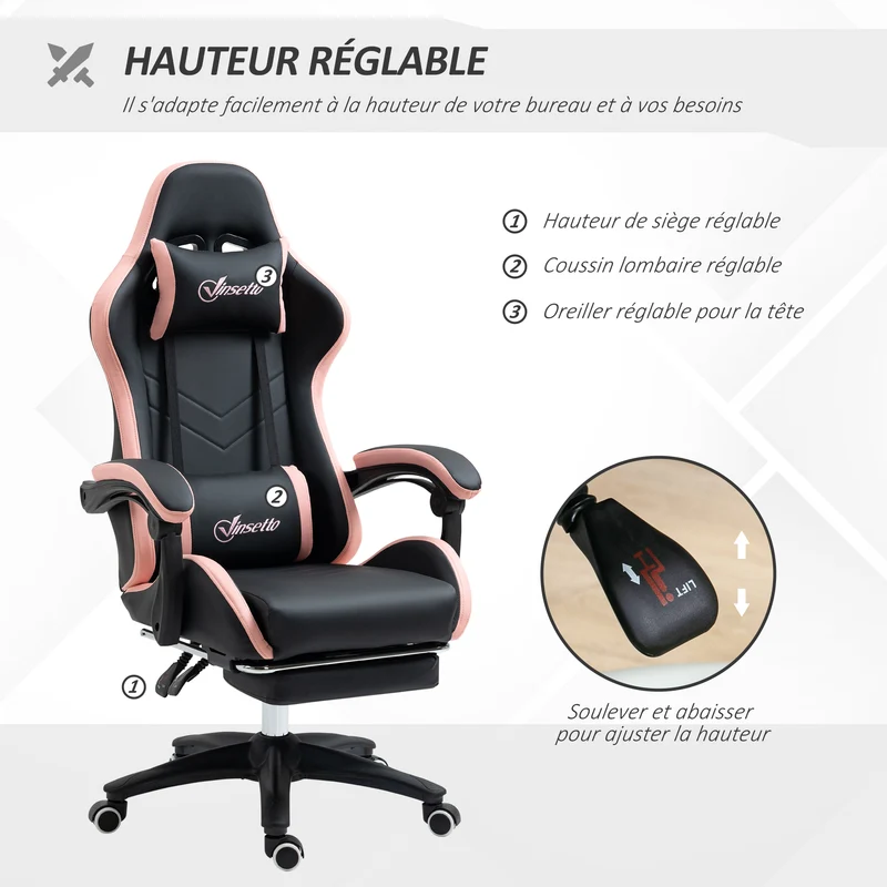 Fauteuil de jeu ergonomique 65 x 65 x 121-129 cm dossier inclinable 135° repose-pieds soutien lombaire design en PU rose 21_0006226