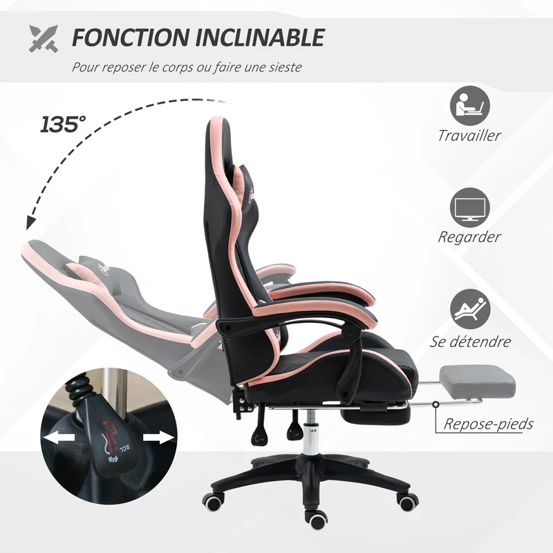Fauteuil de jeu ergonomique 65 x 65 x 121-129 cm dossier inclinable 135° repose-pieds soutien lombaire design en PU rose 21_0006226
