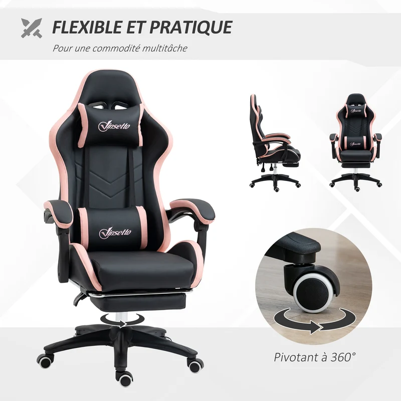 Fauteuil de jeu ergonomique 65 x 65 x 121-129 cm dossier inclinable 135° repose-pieds soutien lombaire design en PU rose 21_0006226