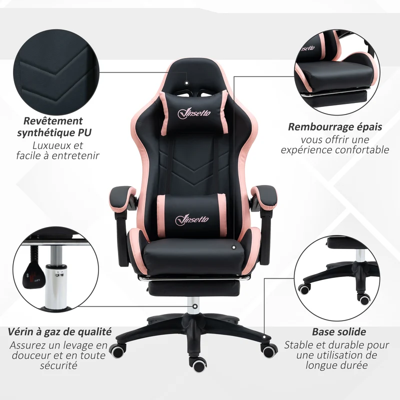 Fauteuil de jeu ergonomique 65 x 65 x 121-129 cm dossier inclinable 135° repose-pieds soutien lombaire design en PU rose 21_0006226