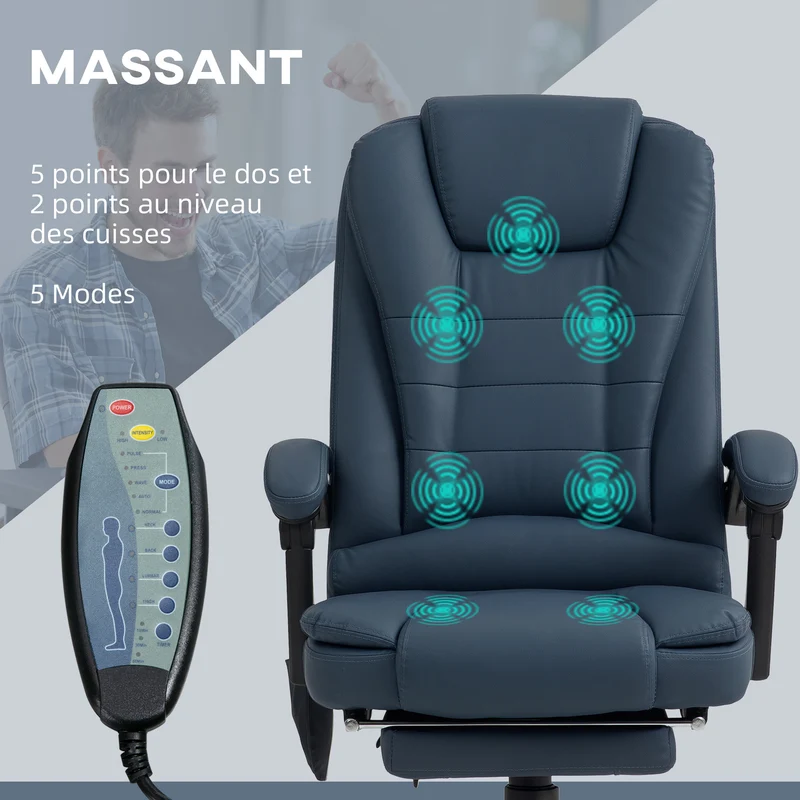 Fauteuil de bureau massant 7 points 67 x 79 x 111-121 cm dossier inclinable moderne contemporain en polyuréthane bleu 21_0006195