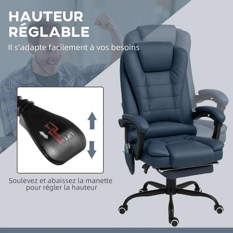 Fauteuil de bureau massant 7 points 67 x 79 x 111-121 cm dossier inclinable moderne contemporain en polyuréthane bleu 21_0006195
