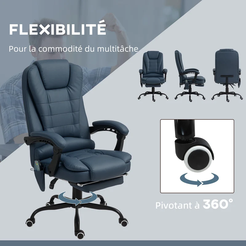Fauteuil de bureau massant 7 points 67 x 79 x 111-121 cm dossier inclinable moderne contemporain en polyuréthane bleu 21_0006195
