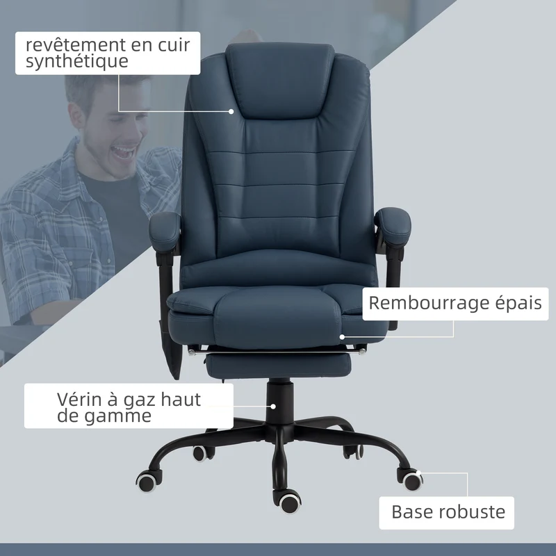 Fauteuil de bureau massant 7 points 67 x 79 x 111-121 cm dossier inclinable moderne contemporain en polyuréthane bleu 21_0006195