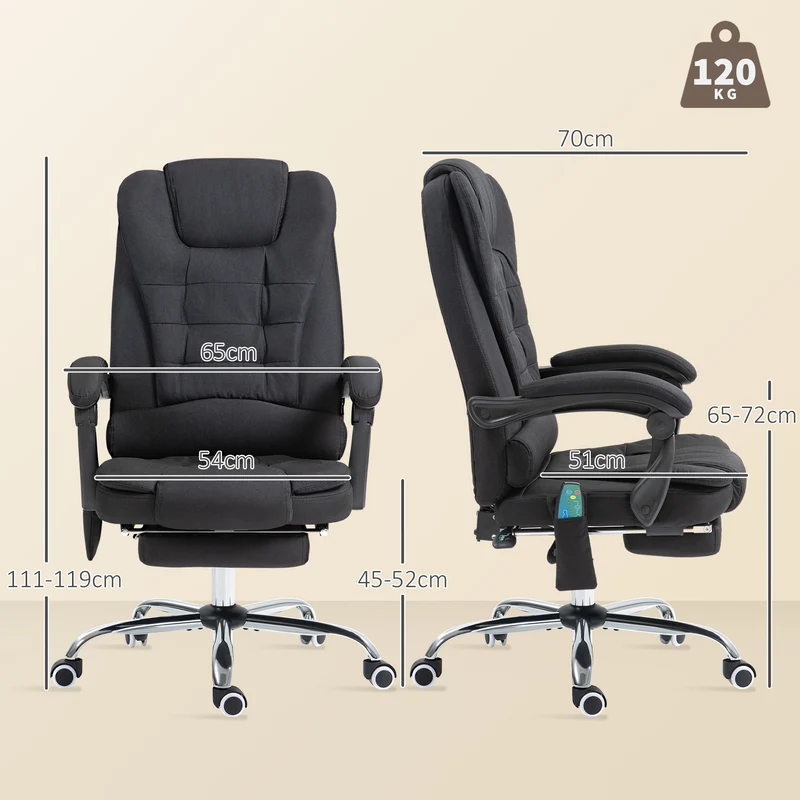 Fauteuil de bureau inclinable 65 x 70 x 111-119 cm massage chauffant lombaire assise rembourrée moderne en lin noir 21_0006202