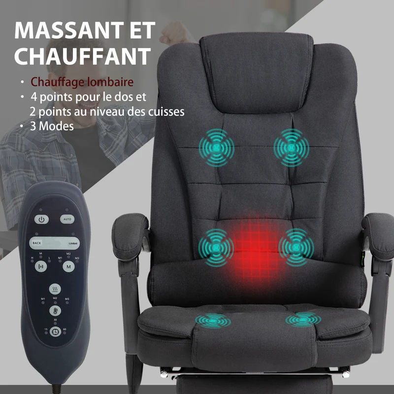 Fauteuil de bureau inclinable 65 x 70 x 111-119 cm massage chauffant lombaire assise rembourrée moderne en lin noir 21_0006202