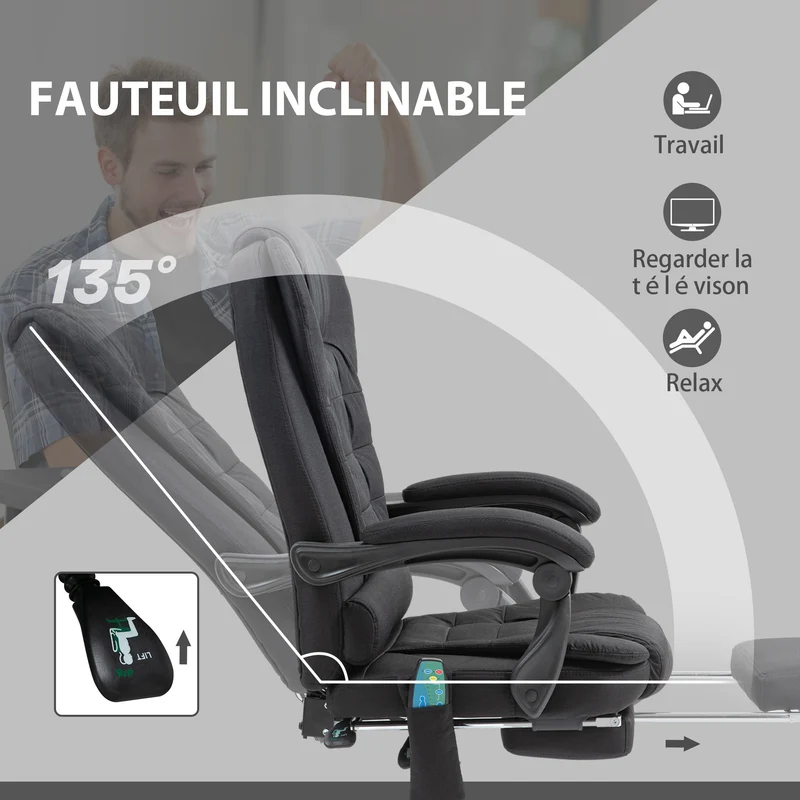 Fauteuil de bureau inclinable 65 x 70 x 111-119 cm massage chauffant lombaire assise rembourrée moderne en lin noir 21_0006202