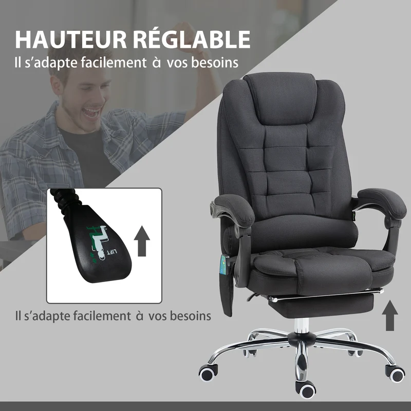 Fauteuil de bureau inclinable 65 x 70 x 111-119 cm massage chauffant lombaire assise rembourrée moderne en lin noir 21_0006202