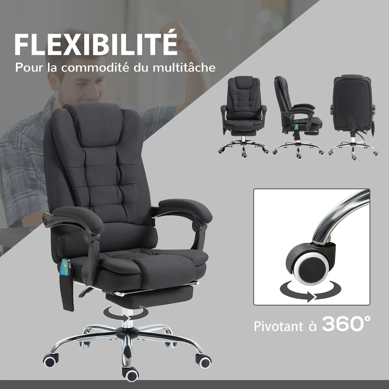 Fauteuil de bureau inclinable 65 x 70 x 111-119 cm massage chauffant lombaire assise rembourrée moderne en lin noir 21_0006202