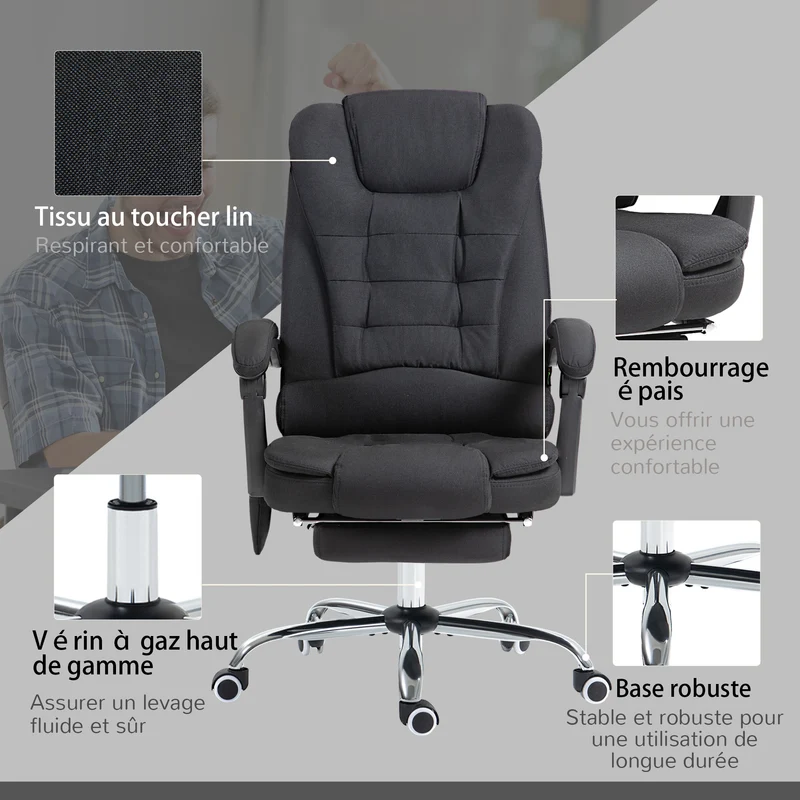 Fauteuil de bureau inclinable 65 x 70 x 111-119 cm massage chauffant lombaire assise rembourrée moderne en lin noir 21_0006202