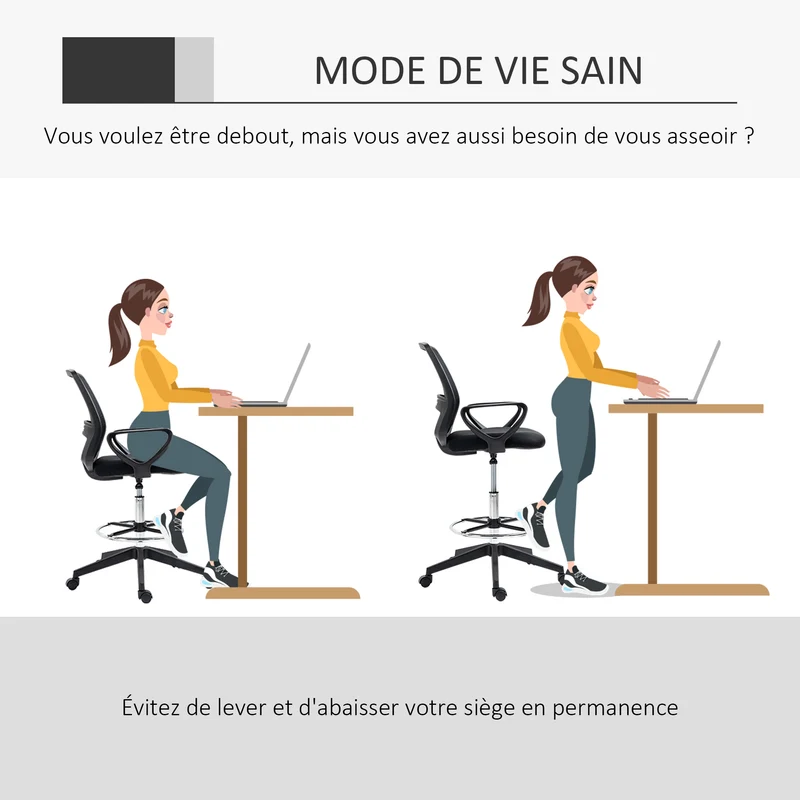 Fauteuil de bureau assise haute réglable 59.5 x 60 x 126 cm pivotant assise ergonomique rembourrée design en tissu noir 21_0006157