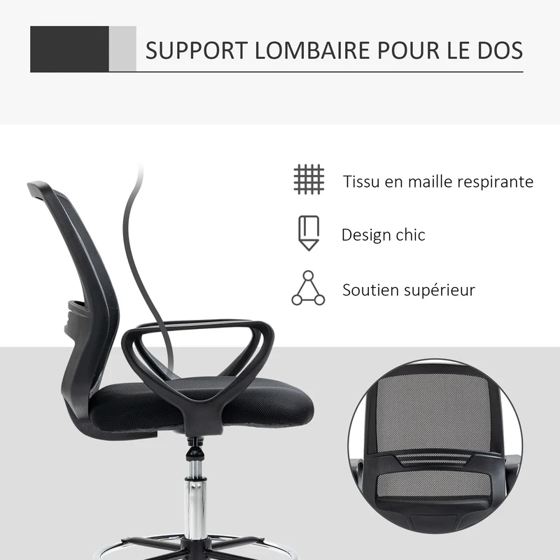 Fauteuil de bureau assise haute réglable 59.5 x 60 x 126 cm pivotant assise ergonomique rembourrée design en tissu noir 21_0006157