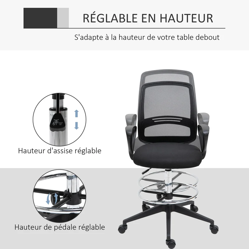 Fauteuil de bureau assise haute réglable 59.5 x 60 x 126 cm pivotant assise ergonomique rembourrée design en tissu noir 21_0006157