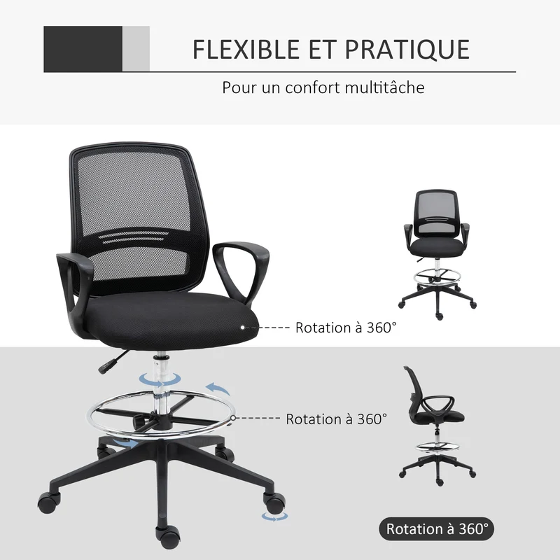 Fauteuil de bureau assise haute réglable 59.5 x 60 x 126 cm pivotant assise ergonomique rembourrée design en tissu noir 21_0006157