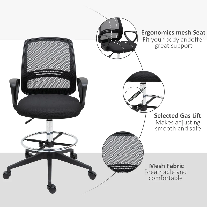 Fauteuil de bureau assise haute réglable 59.5 x 60 x 126 cm pivotant assise ergonomique rembourrée design en tissu noir 21_0006157