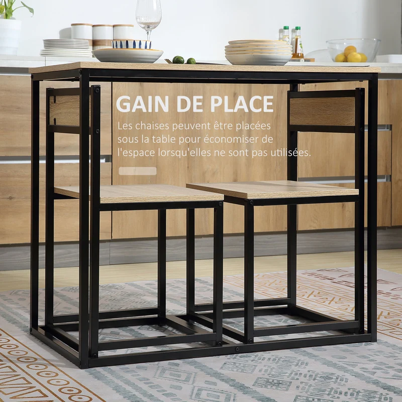 Ensemble table et chaises cuisine 90 x 47 x 76 cm gain de place pratique encastrables industriel tendance en métal noir 21_0002230