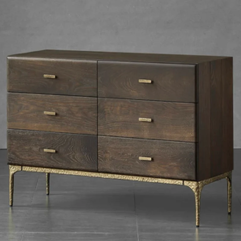 Contemporary Retro Solid Oak Wood & Iron Storage Cabinet With 6-Drawer For Living Room