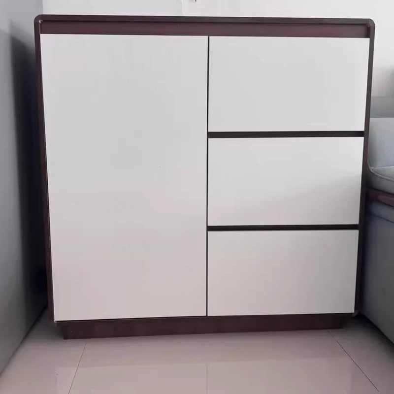 Modern Minimalist Wood Panels Metal Rounded Square Rectangle Storage Cabinet With 3 Drawers For Living Room