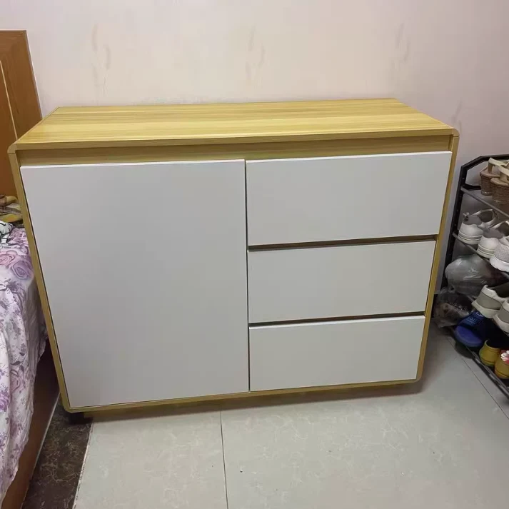 Modern Minimalist Wood Panels Metal Rounded Square Rectangle Storage Cabinet With 3 Drawers For Living Room