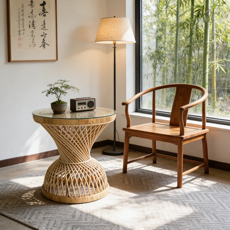 Traditional Chinese Handwoven Indonesian Rattan Side Table - Hourglass Round End Table For Living Room