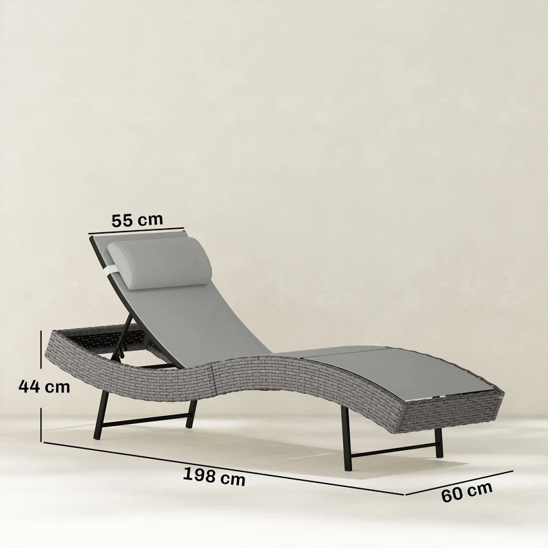 Chaise longue 198 x 61 x 44 cm dossier réglable 5 positions appui-tête confort extérieur moderne en résine gris clair 21_0006010