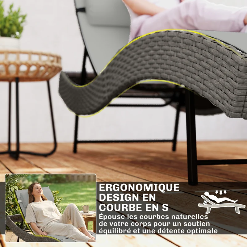 Chaise longue 198 x 61 x 44 cm dossier réglable 5 positions appui-tête confort extérieur moderne en résine gris clair 21_0006010
