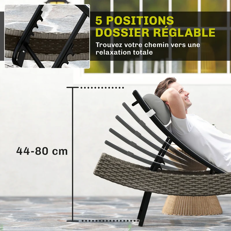 Chaise longue 198 x 61 x 44 cm dossier réglable 5 positions appui-tête confort extérieur moderne en résine gris clair 21_0006010