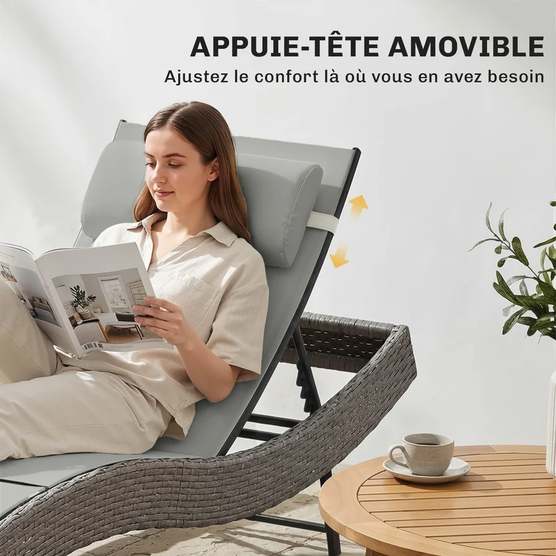 Chaise longue 198 x 61 x 44 cm dossier réglable 5 positions appui-tête confort extérieur moderne en résine gris clair 21_0006010
