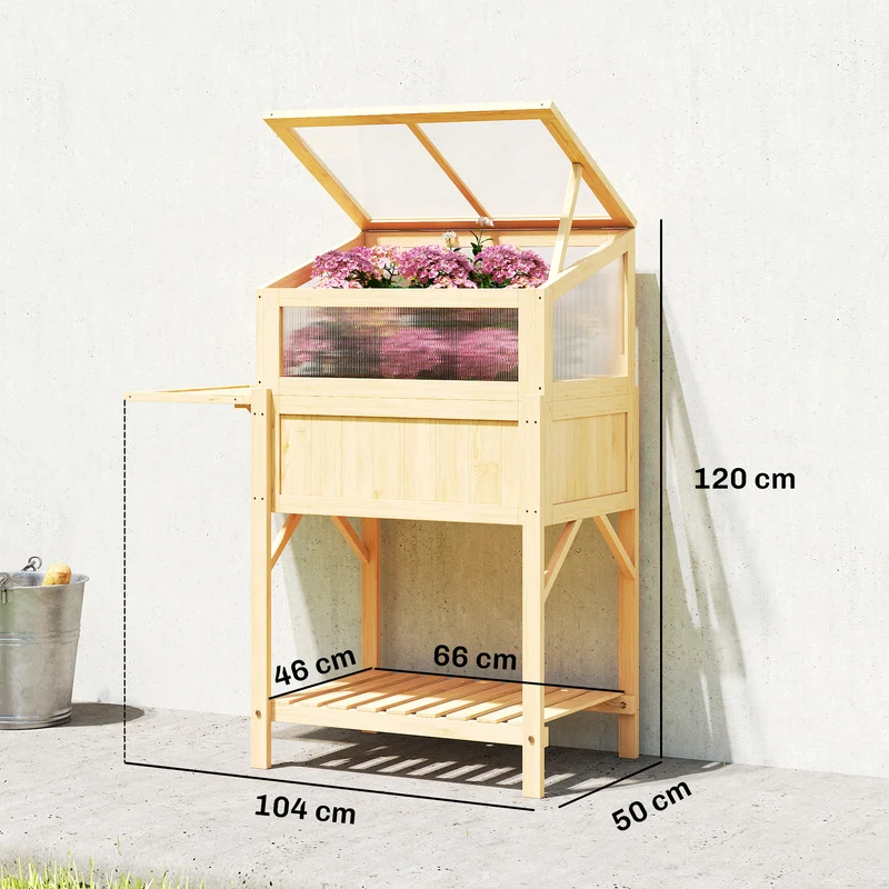 Carré potager sur pieds serre intégrée 104 x 50 x 120 cm hauteur ergonomique table pliante rustique en bois naturel 21_0005604