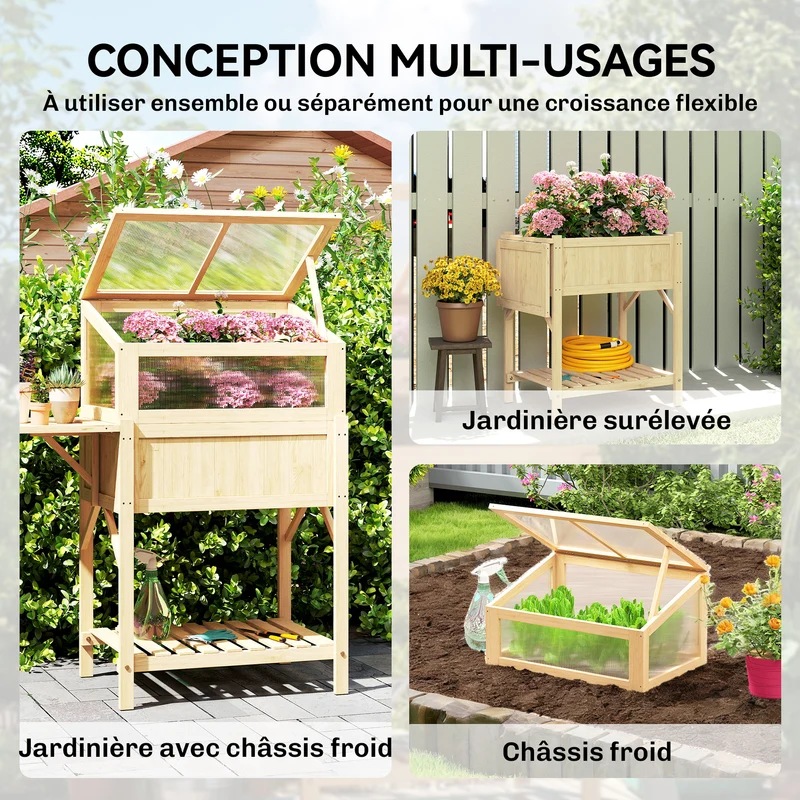 Carré potager sur pieds serre intégrée 104 x 50 x 120 cm hauteur ergonomique table pliante rustique en bois naturel 21_0005604