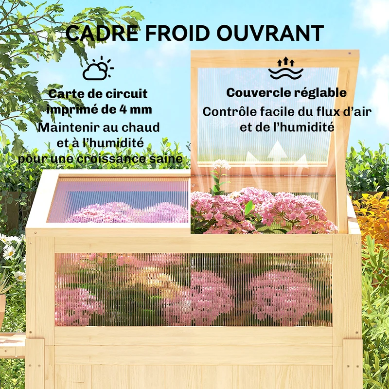 Carré potager sur pieds serre intégrée 104 x 50 x 120 cm hauteur ergonomique table pliante rustique en bois naturel 21_0005604
