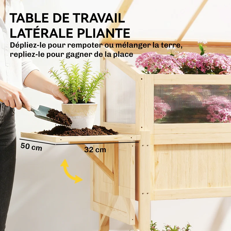 Carré potager sur pieds serre intégrée 104 x 50 x 120 cm hauteur ergonomique table pliante rustique en bois naturel 21_0005604