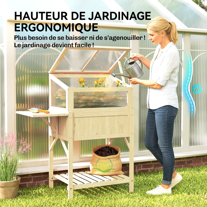 Carré potager sur pieds serre intégrée 104 x 50 x 120 cm hauteur ergonomique table pliante rustique en bois naturel 21_0005604