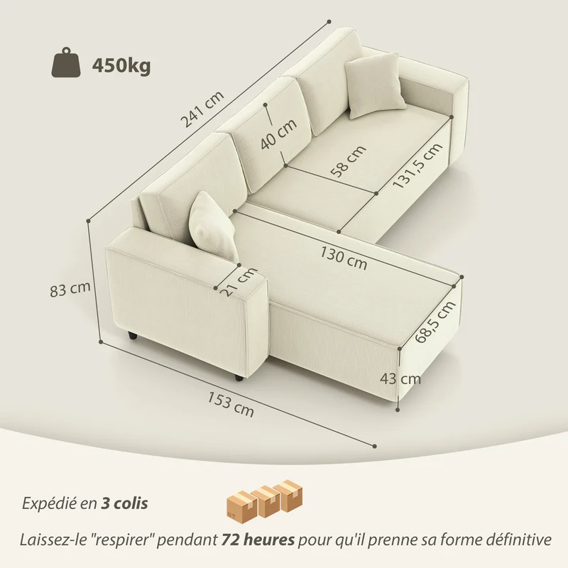 Canapé d'angle réversible 3 places 241 x 153 x 83 cm assise large confort moelleux contemporain en velours côtelé crème 21_0003496
